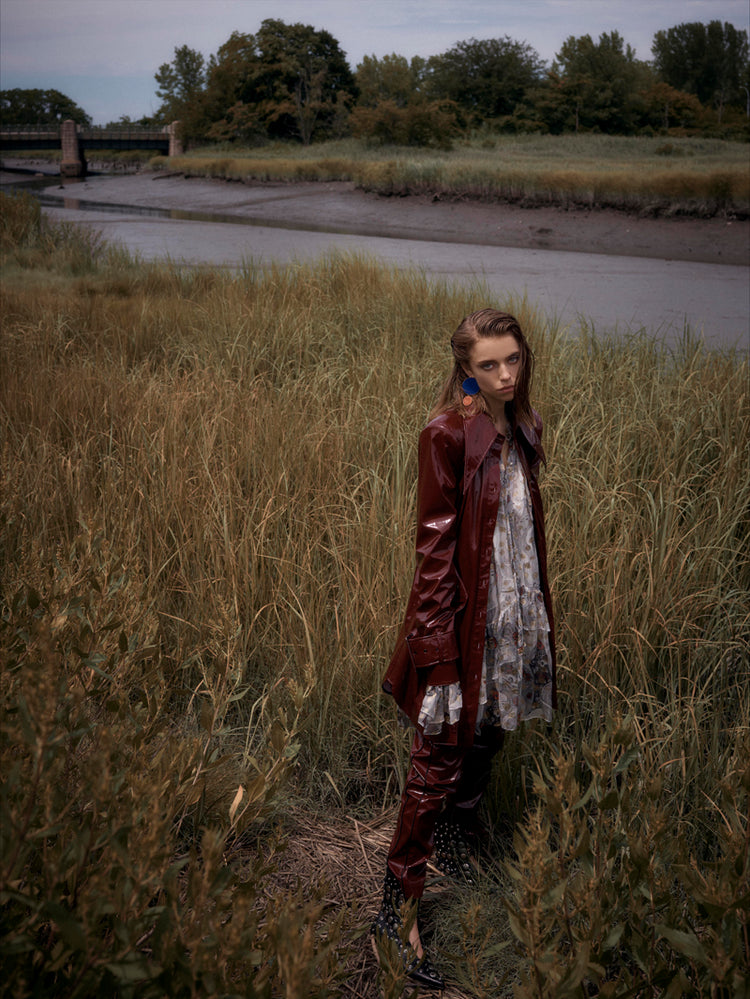 Marta Piekarz wears the Burgundy Vinyl Shirt Dress for LOfficiel USA