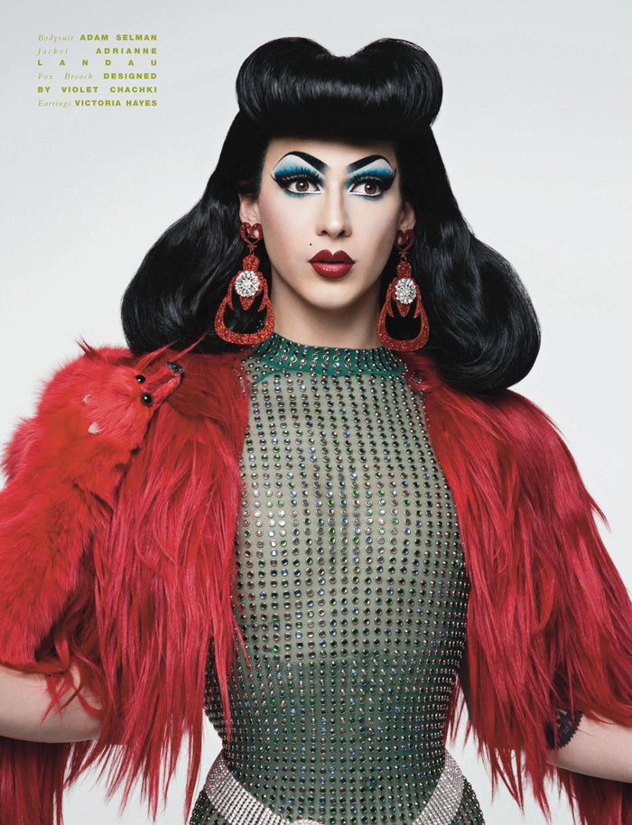 Violet Chachki wears the Red Laser Cut Earrings in Paper Magazine