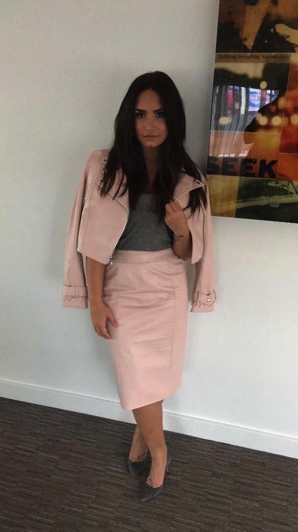 Demi Lovato wears the Clara Moto Jacket and pencil skirt