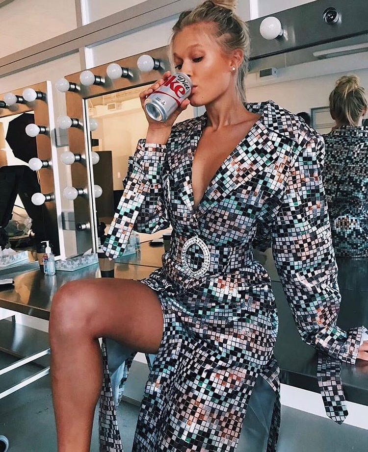 Vita Sidorkina wears Victoria Hayes Pool Tile Trench