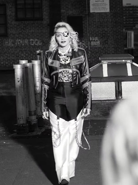 Madonna wears the Blade Suit Pant for her music video