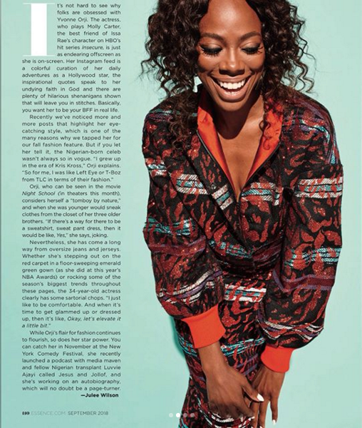 Yvonne Orji from HBO's Insecure wears Victoria Hayes in the September 2018 issue of Essence Magazine