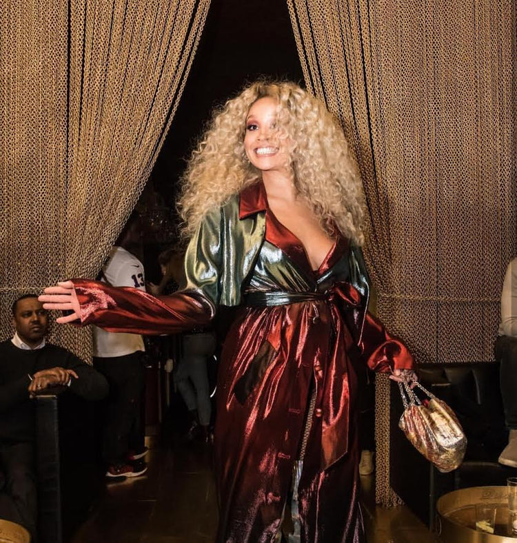 Jillian Hervey of Lion Babe wears Victoria Hayes to her album release party