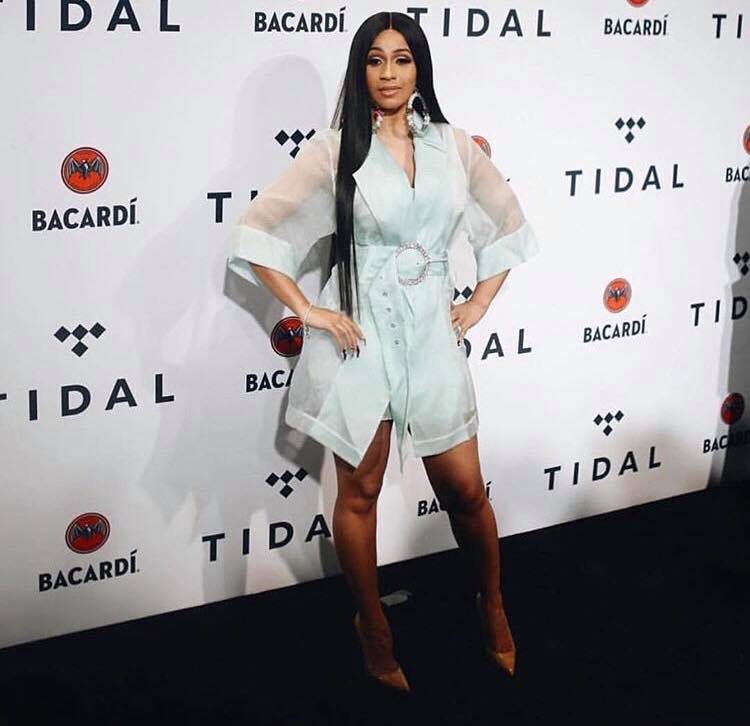 Cardi B wears Victoria Hayes Charming Dress and Hoop Earrings