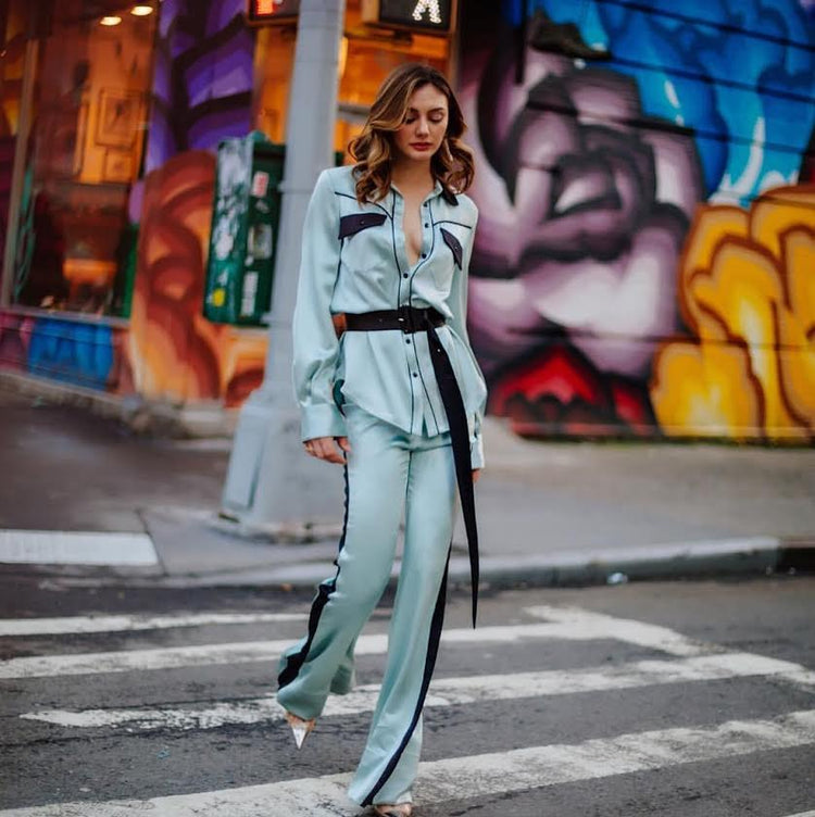 Christine Evangelista wears Victoria Hayes in NYC