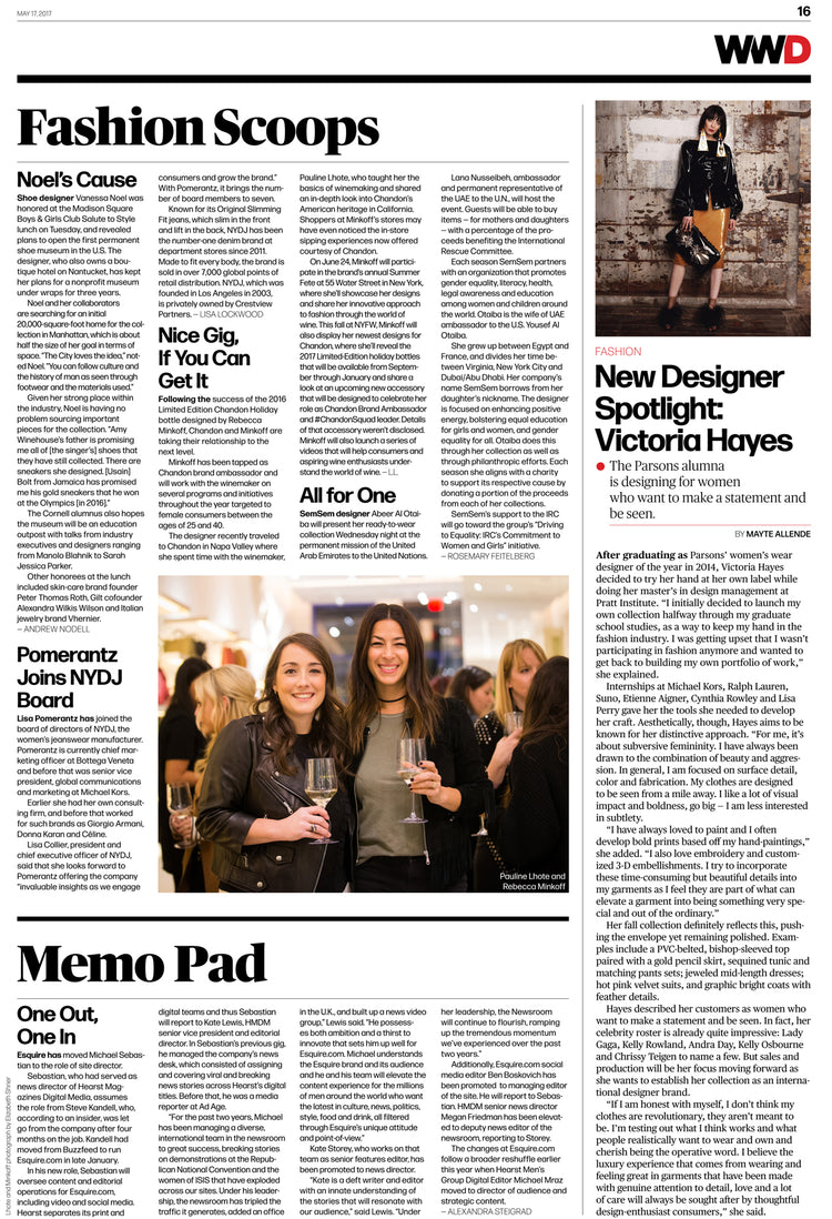 Victoria Hayes featured in WWD New Designer Spotlight